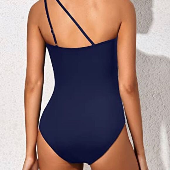 Holipick Ruched Modest Full Coverage One Shoulder One Piece Swimsuit Navy Blue M - Picture 3 of 3